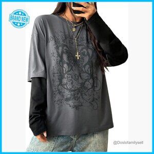 Y2K Gothic Graphic Tee Long Sleeve Oversized Crew Neck Streetwear Tops